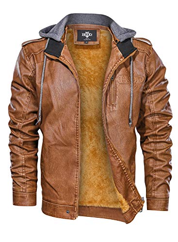 Hood Crew Men’s Brown Stand Collar Warm Pu Faux Leather Zip-Up Motorcycle Jacket With A Removable Hood #TOP3