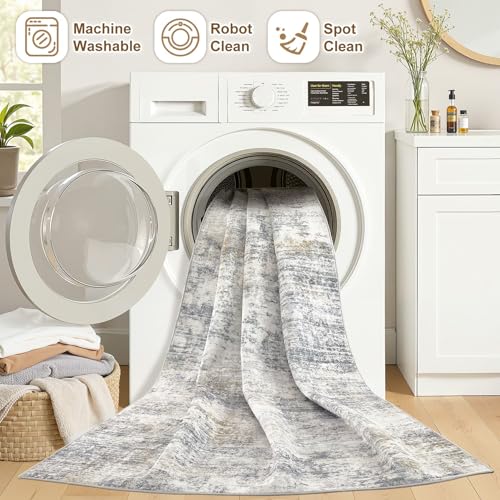 6x9 Area Rugs for Living Room: Washable Large Neutral Abstract Rug Soft Non Slip Stain Resistant Low Pile Indoor Carpet for Bedroom Dining Room Nursery Office Playroom - Grey White Brown — view 5