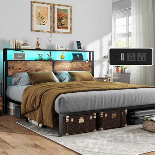 Image of King Size Bed Frame with Headboard, Metal Platform Bed Frame with LED Lights & Charging Station, Under Bed Storage, Solid and Stable, No Box Spring Needed, Noise Free, Easy Assembly, Vintage Brown
