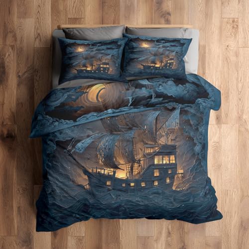 Générique Housse de Couette 140x200 Bateau Pirate, Parure de Lit 1 Personne Reversible Nautique, Decoration Chambre, 1 Taie d'oreiller 65x65, Microfibre...