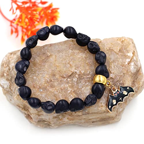 Image of Uloveido Halloween Bracelets for Men Women Black White Skull Stone Bracelet Charm Ghost Pumpkin Lamp Bat Design Bracelets