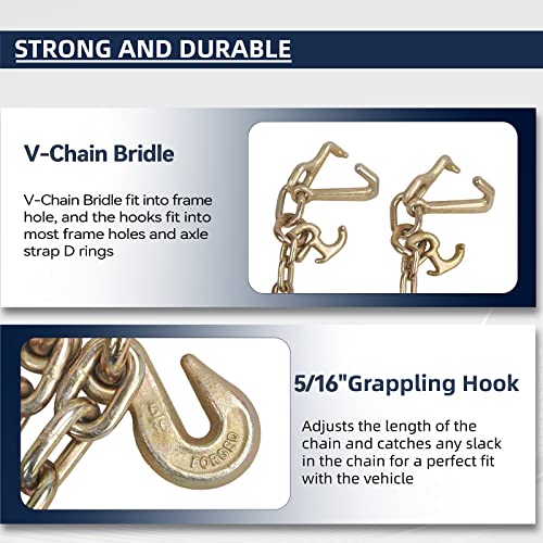Batoneco G70 V-Chain Bridle W/Rtj Cluster Hooks & Grab Hooks, 3' Legs Tow Chain, Grade 70 Standard Length, 4700 Pound Safe Working Load, Transport Tie Down Binder Chain Yellow Zinc Plated #TOP2