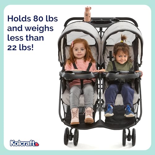 Image of Kolcraft Cloud Plus Lightweight Double Stroller Side-by-Side for Infant Toddler, Compact Folding Travel System with Reclining Seats, Canopies, Storage Basket, Trays, Easy Maneuver - Slate Gray