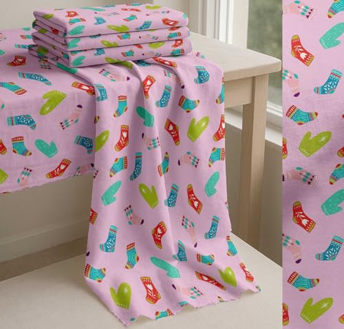 Image of Soimoi Pink Cotton Voile Fabric Socks & Gloves Folk Art Printed Fabric 1 Meter 42 Inch Wide