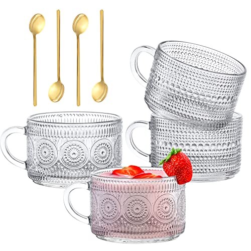 Ulrikco Vintage Glass Coffee Mugs with Spoons Set of 4, 14 Oz Clear Coffee Cups with Handle, Embossed Iced Coffee Glasses