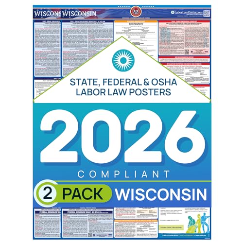 Image of Wisconsin 2026 Labor Law Poster - State & Federal Compliance - OSHA, EEOC, FMLA, Minimum Wage - Durable, Laminated & Waterproof Workplace Employment Poster - Made in USA - 26 inch x 39.5 inch, 2-Pack