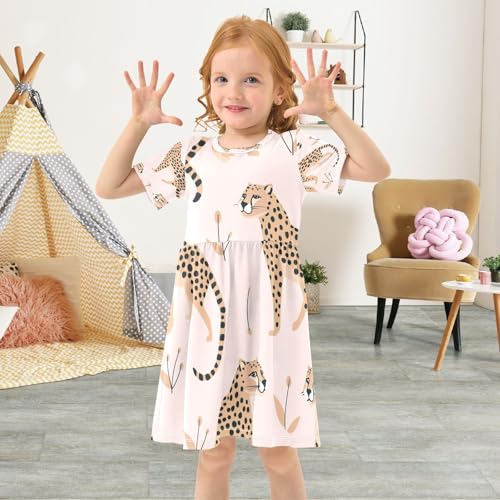 Bolaz Cheetah Leopard Girls Dress Short Sleeve Dress Casual Dresses 2-8Y4