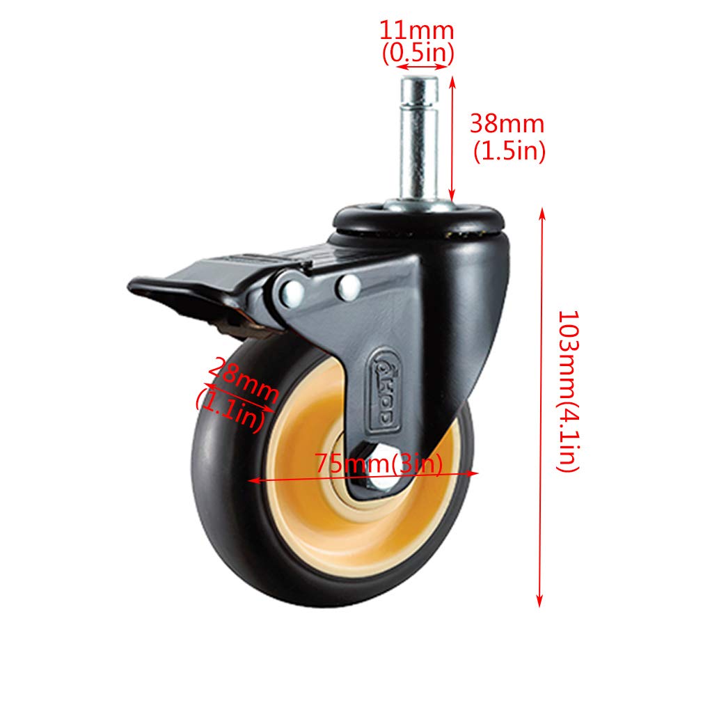 4X Lenkrollen, Möbelrolle, Steckbare Montagestange,Transportrollen,Schwerlastrollen mit Bremse, Gummirädern, Maximale Tragfähigkeit 300 kg (3inch,Swivel+brake)