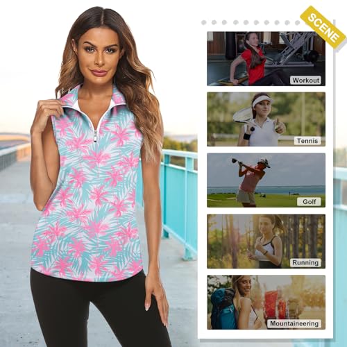 Image of Koscacy Women's Sleeveless Golf Tennis Polo Shirts Zip Up Dry Fit Workout Tank Tops Athletic Shirt