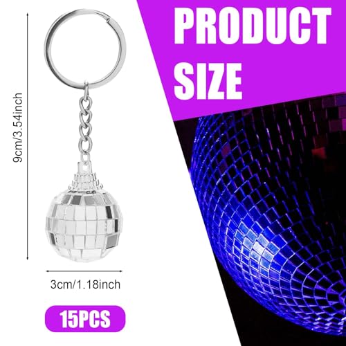 XIHIRCD 15pcs Disco Ball Keychains, Mini Disco Key Pendant Disco Party Favors Supplies Accessories Decorations Keyrings Decor