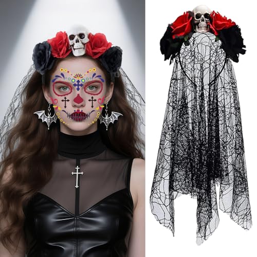 ZDQC Tag der Toten Haarschmuck,Halloween Tag der Toten Haarreif und Schleier,Karneval Haarreif und Schleier Gesichtstattoo,Dia de los Muertos Gesicht...