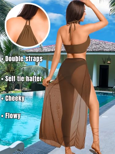 Kaei&Shi 3 Piece Swimsuits for Women,V Wire Halter Cheeky Bikini Sets,Sexy Bathing Suit with Mesh Cover Up3