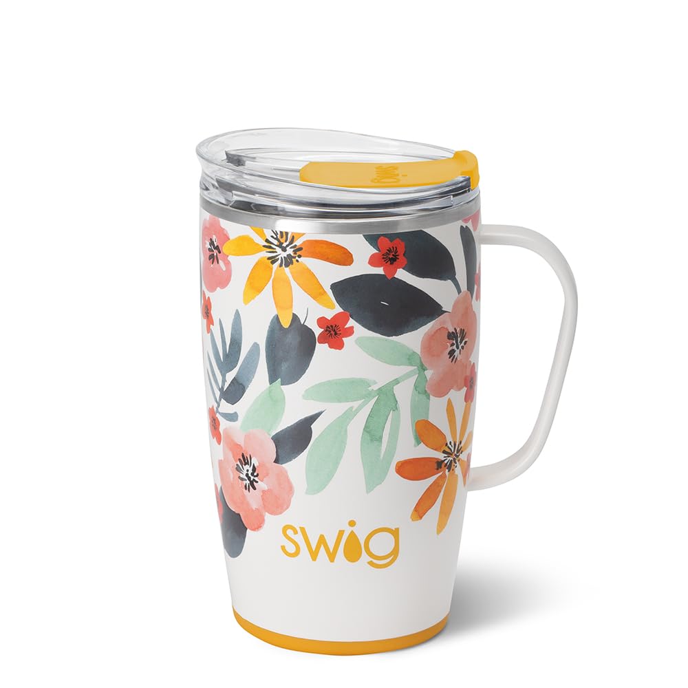 Swig Life 18oz Travel Mug, Insulated Tumbler with Handle and Lid, Cup Holder Friendly, Dishwasher Safe, Stainless Steel, Travel Coffee Cup (Honey Meadow)