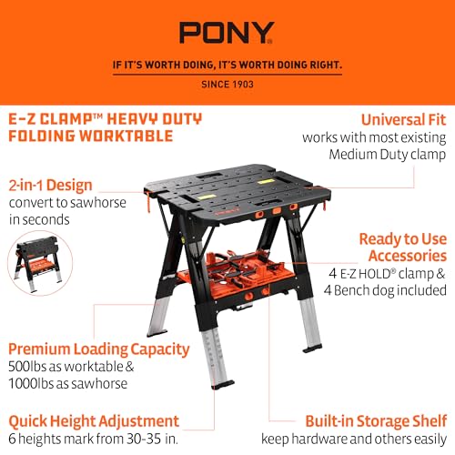 Pony Portable Folding Work Table, 2-in-1 as Sawhorse & Workbench, 31” W×25” D×25”-35”H, Large Load Capacity with 4pcs Clamps, 4pcs Bench Dogs