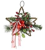 Dekoriert mit Tanne, Beeren, Sterne aus Filz, Schleife, echte Zapfen, Christbaumkugeln und Blätter