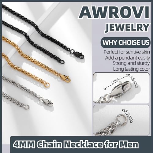 3 Pcs Men Women Chain Necklace, 4mm Stainless Steel Gold Black and Silver Wheat Chains, 18"/22"/26"/30 Inches2
