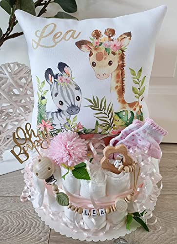 Windeltorte mit Name - Kuschelkissen Giraffe & Zebra I Geschenk, Babyparty, Geburt + auf Wunsch, gratis Grußkärtchen Cover