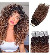 Curly Tape in Human Hair Extensions Ombre Brown to Medium Auburn Jerry Curly Hair Extensions Tape...