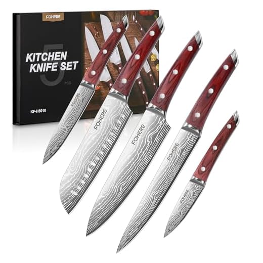 FOHERE Set di Coltelli da Cucina Professionali, Set di Coltelli in Acciaio Inossidabile 5 Pezzi, Ultra Affilati, Coltello da Cucina con Manico in legno, Coltello da Chef