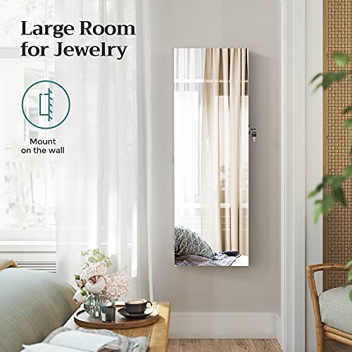 Image of SONGMICS MDF Glass Mirror Velvet Lining Lockable Jewelry Cabinet Armoire Wall-Mounted Storage Organizer With Full-Length Frameless Mirror 14.8 X 3.8 X 42.5 Inches White