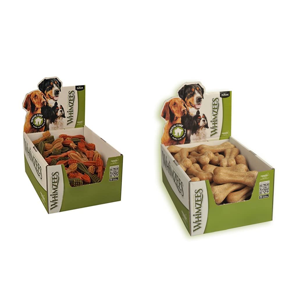 Whimzees Natural Dental Dog Treats Toothbrush Star Medium, 1 x 75 & Natural Dental Dog Treats Rice Bone, 1 x 50