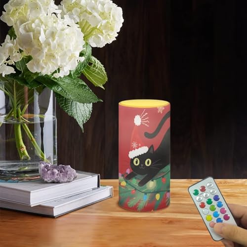 Image of Poceacles Black Cat Christmas Tree Red Flameless Candle Battery Powered with Remote Control 12 Colors 4 /8 Hours Timer LED Night Lights Pillar Candle Tealights Christmas Decorations