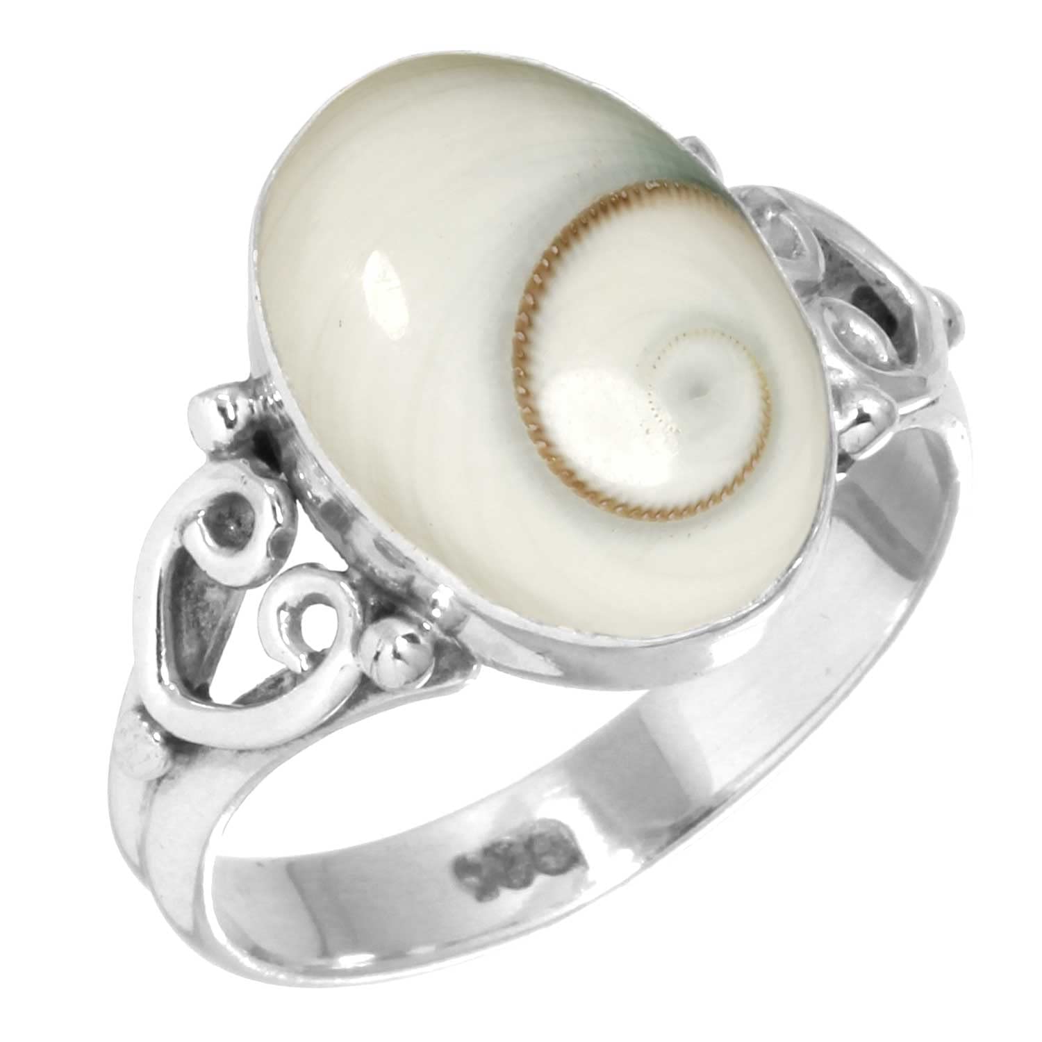 Jeweloporium Weißer Shiva-Auge-Silberring, Größe 49 (15,6), 925er Sterlingsilberring für Damen, echter ovaler Edelstein, handgefertigter Schmuck