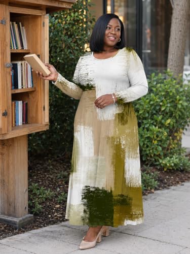 Image of PinkPatty Plus Size Maxi Dress for Curvy Women Crew Neck Long Sleeves Casual Dress Vacation Sundresses with Pockets
