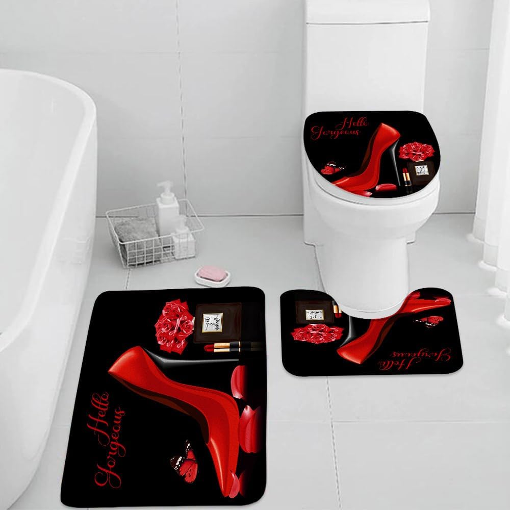 3 Pieces Set Flower Butterfly Bath Mat Hello Gorgeous Fashion Girl Black Perfume Bottle Lipstick Pink High Heel Rose Floral Romantic Lover Woman Bathroom Rugs Toilet Lid Cover Pedestal Rug U-Shaped