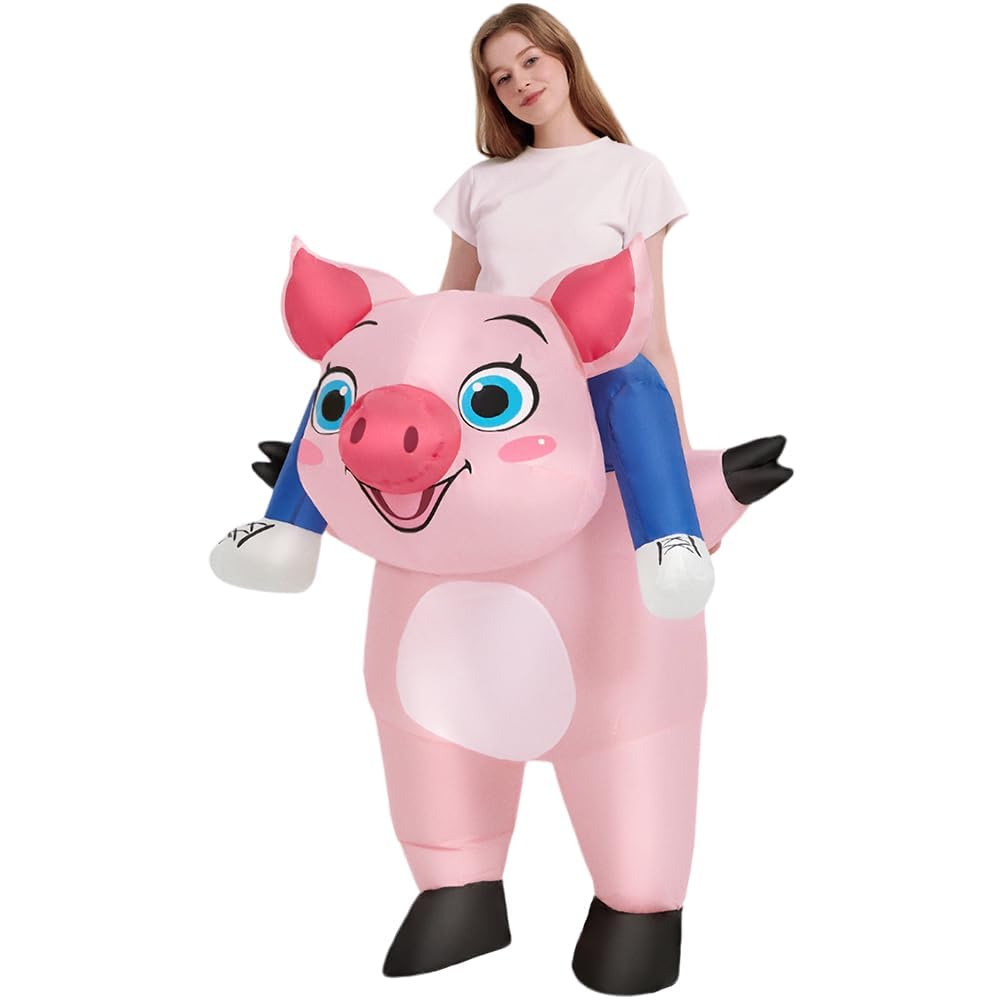 JASHKE Costume Cochon Chevaucher Gonflable Deguisement Cochon Gonflables | Costume Gonflable de Cochon pour Adulte Chevauche un Cochon Rose Deguisement Gonflable Rigolos Halloween Noël Carnaval