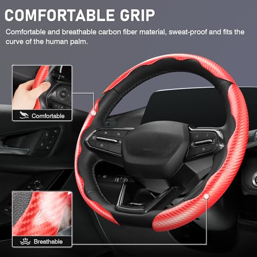 Image of 3 Piece Carbon Fiber Steering Wheel Cover, Car Steering Wheel Cover for Men /Women, Anti-Slip, Comfortable Grip, Durable, Universal for 99% Car Interior Accessories (Red)