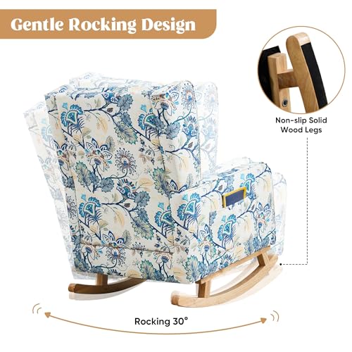 Image of HCHAIRH Rocking Chair Nursery for Mom Nursery Rocker with High Backrest and Solid Wood Legs, Modern Wingback Accent Chair for Bedroom Reading Living Room, Blue Floral