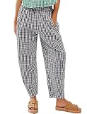 PEHMEA Women's Cotton Gingham Harem Pants, Plaid Casual Wide Leg Barrel Pant High Waisted Lounge Fall Trousers with Pockets(Black-XL)