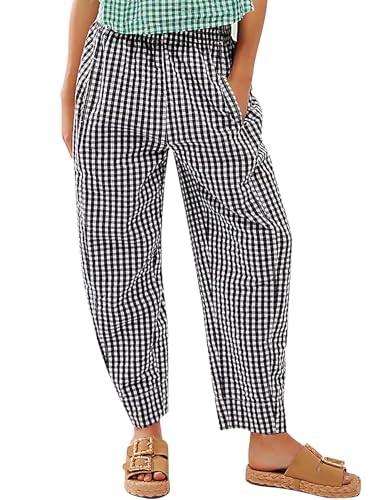 PEHMEA Cotton Gingham Boxer Pants for Women Casual Plaid Harem Trousers Y2K Beach Lounge Bottoms with Pockets