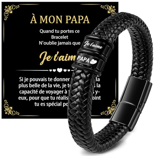 Meleager Idee Cadeau Papa Noel, Bracelet Homme - Gravure ”Jet’aime PAPA”, Bracelet en Cuir avec Carte comme Cadeau pour Fete des Pères, Anniversaire Pères