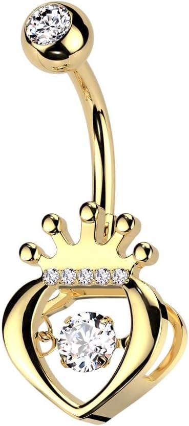 Pierced Owl 14GA 316L Stainless Steel CZ Crystal Hollow Heart with Crown Belly Button Ring