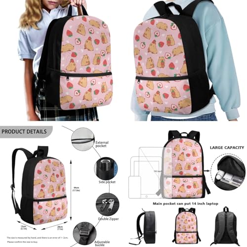 Capybara Backpack for Girls 6-8 8-10 10-12 Kawaii Girls School Backpack with Lunch Bag Pencil Case Water Bottle Sleeve 4 Pcs Kids Bookbag for Elementary School Schoolbag, Strawberry3