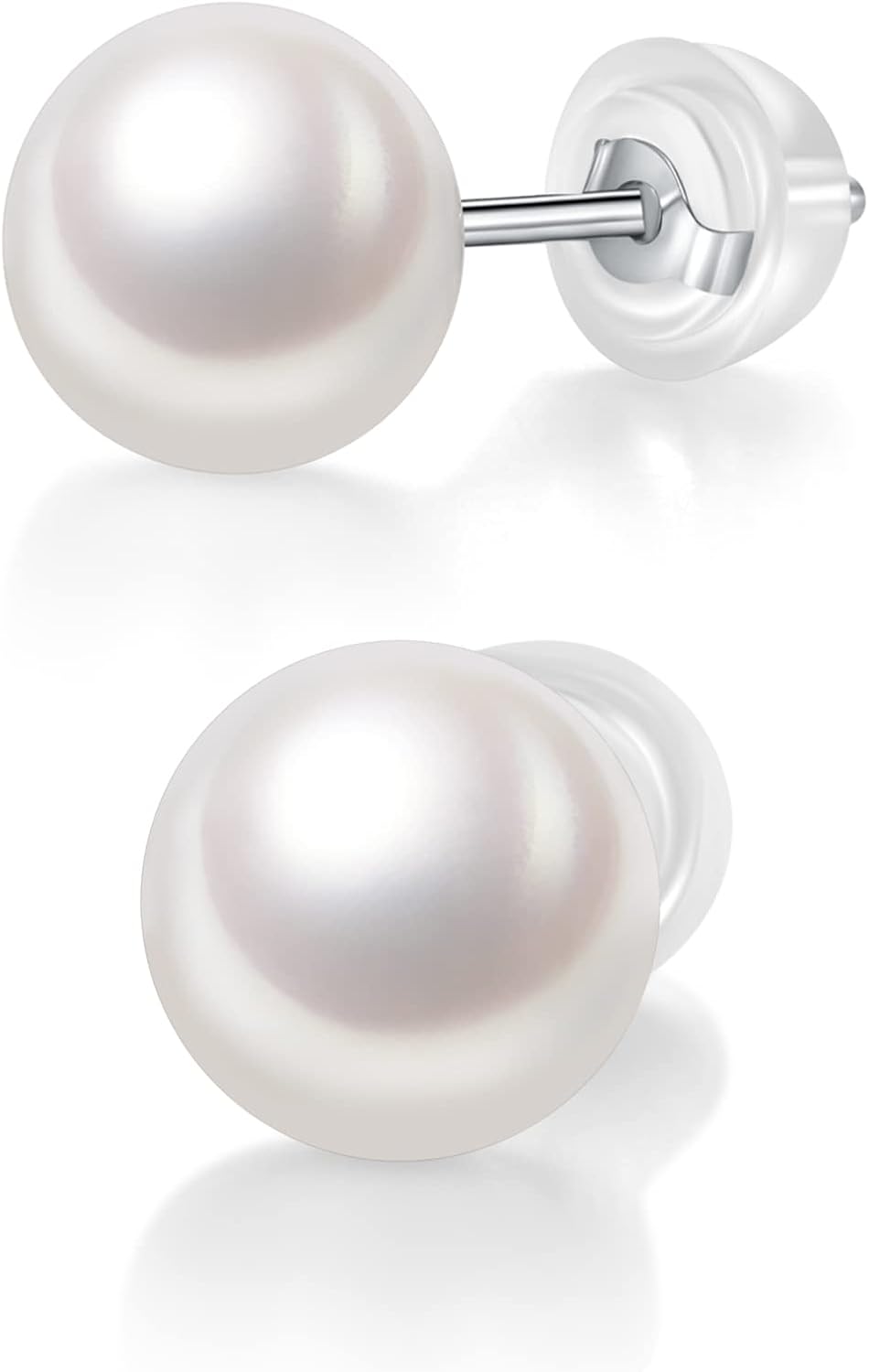 IMOLOVE AAA+ Handpicked White Real Pearl Earrings for Women with 7.5mm Round White Freshwater Genuine Sterling Silver with 18K White Gold Plated