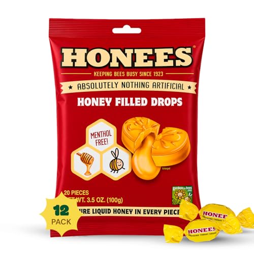 Honees Honey Filled Drops Honey Cough Drops with Real Natural Sore Throat Relief-Nothing Artificial-Throat Coat Lozenges Natural Cough Suppressant Non-GMO (12 Pack 240 drops)