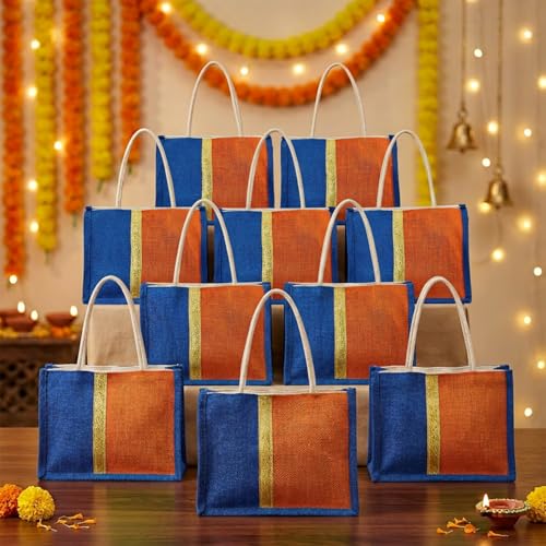 Image of Amazon Brand - Solimo Jute Thamboolam Gift Bag | Pack of 10 | Reusable & Durable | Assorted Colours Blue /Orange /Cream