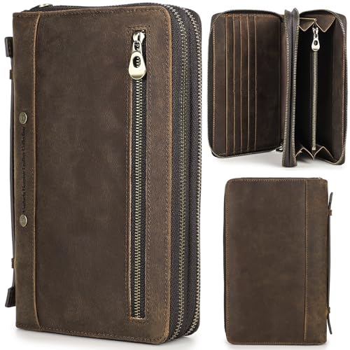 Image of Top Grain Genuine Leather Clutch Wallet Bag with Hand Strap for Man & Woman, Handmade Minimalist Vintage Design, 2 Zip Pockets & Multi Slots, RFID Large Capacity for Cards /Phone /Check /Banknote, Coffee
