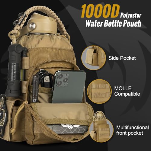 Image of ONETIGRIS Tactical Half Gallon Water Bottle with Straw - 64 oz Vacuum Insulated Stainless Steel Water Jug, Leakproof Sport Bottle with 3 BPA Free Lids, Paracord Handle & MOLLE Water Pouch for Outdoor