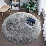 Tangsoo Round Faux Fur Rugs, Sheepskin Round Rug 3ft, Grey Soft Small Circle Rug, 3x3 Fuzzy Plush Fur Rug, Shag Circular Rugs Floor Carpet for Bedroom, Kids Room, Nursery, Girls Room, Dorm