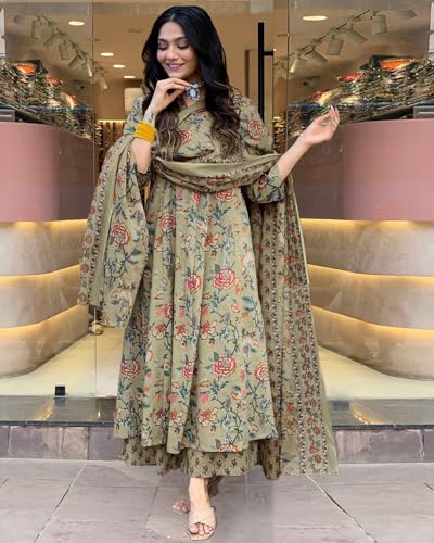 Image of GoSriKi Women's Rayon Viscose Anarkali Printed Kurta with Palazzo & Dupatta