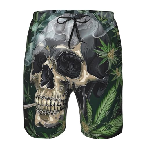 Skull Cannabis Leaf Psychedelic Marijuana Hippie Weed Men's Quick Dry Swim Shorts, Mesh Lined Beach Trunks with Pockets - Main Image