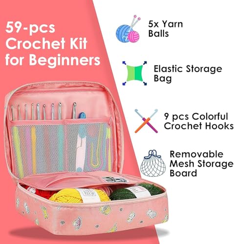 Image of The Wooly Wonders Beginners Crochet Kit, Adults Include 5 Yarns, 59pcs Crochet Starter Kit for Beginners Kids, Crochet Hooks, Stitch Markers, Storage Bag, All in One Multi