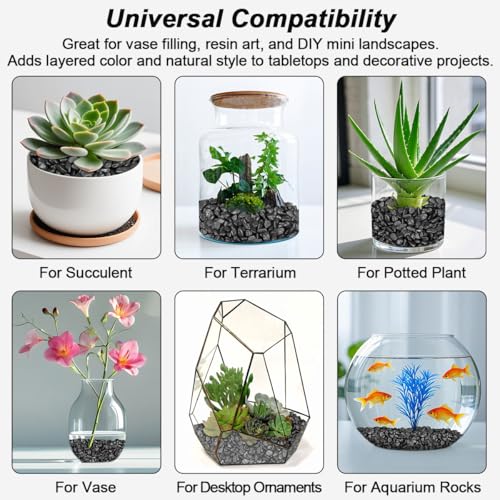 Image of Decorative River Rocks & Landscaping Pebbles for Potted Plants | Smooth Polished Pebbles for DIY Resin Art, Vase Fillers, Aquarium Gravel, and Potted Plants(Black, 2 Pounds)