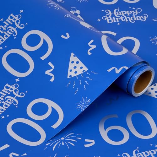 Geschenkpapierrolle zum 60. Geburtstag, 6 m x 43 cm, blau, ideal zum Verpacken von Geburtstagsgeschenken