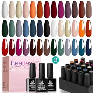 Beetles 23 Pcs Gel Nail Polish Kit- Glowing Attraction Collection Orange Burgundy Red Purple Gel Polish Set Gray Blue Green Soak Off Uv Nail Lamp Base Top Coat Gifts for Women