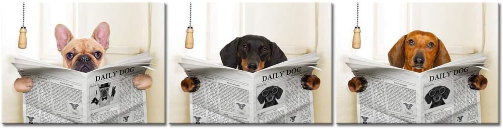 iKNOW FOTO 3 Piece Funny Animals Canvas Wall Art Dogs Read Newspapers Poster Prints Giclee Artwork Stretched and Framed Ready to Hang for Bathroom Walls Decor 12x16inchx3pcs